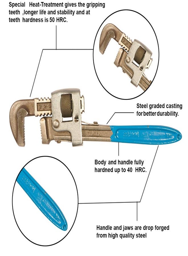 AGRICO Tata 10 Inch Pipe Wrench | Chrome Vanadium Steel Stillson Type Adjustable Spanner with Anti Slip Grip Handle | Heavy Duty Tool for Plumbing, Industrial, Workshop & Home Repair Use | Pack of 1 - Image 3