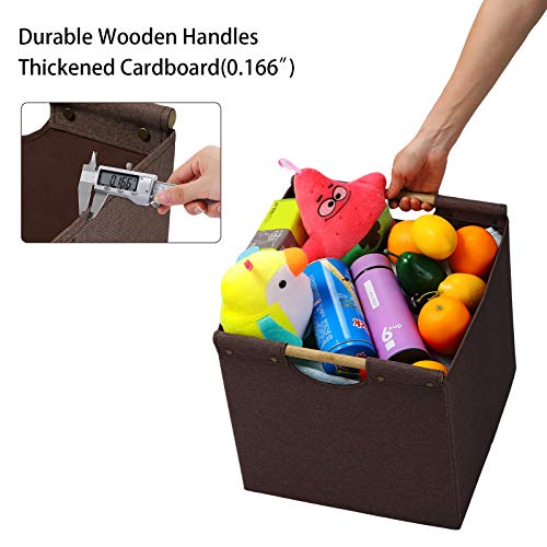 HOONEX Collapsible Storage Bins, 13x13x13 Inches Storage Cubes Linen Fabric, 3 Pack, Storage Baskets with Wooden Carry Handles and Sturdy Heavy Cardboard, for Home, Office, Car, Nursery, Brown - Image 2