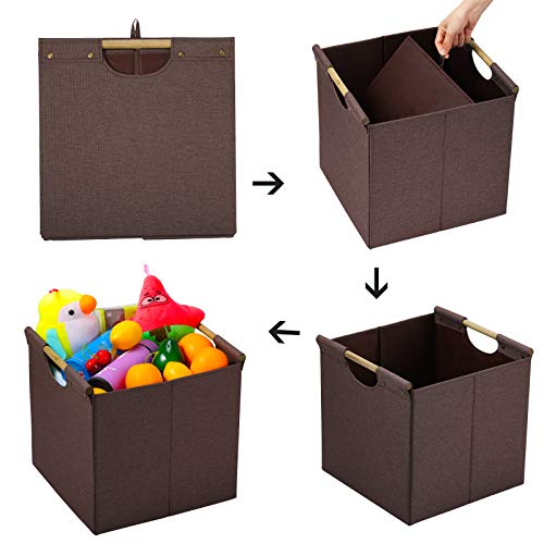 HOONEX Collapsible Storage Bins, 13x13x13 Inches Storage Cubes Linen Fabric, 3 Pack, Storage Baskets with Wooden Carry Handles and Sturdy Heavy Cardboard, for Home, Office, Car, Nursery, Brown - Image 5