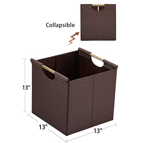 HOONEX Collapsible Storage Bins, 13x13x13 Inches Storage Cubes Linen Fabric, 3 Pack, Storage Baskets with Wooden Carry Handles and Sturdy Heavy Cardboard, for Home, Office, Car, Nursery, Brown - Image 3