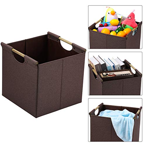 HOONEX Collapsible Storage Bins, 13x13x13 Inches Storage Cubes Linen Fabric, 3 Pack, Storage Baskets with Wooden Carry Handles and Sturdy Heavy Cardboard, for Home, Office, Car, Nursery, Brown - Image 4