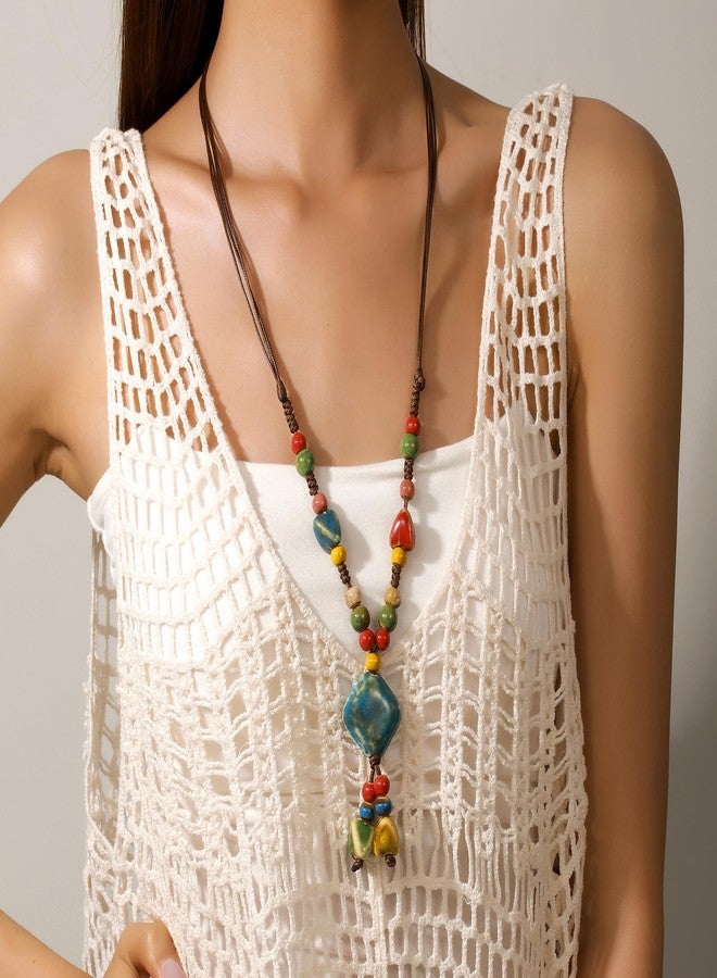 DS Boho Beaded Necklace for Women-Colorful Ceramic & African Tribal Beads, Adjustable Long Chunky Bohemian Jewelry with Gift Box Packaging,Hippie Witchy Vintage Handmade Fashion Statement Necklace (style-5) - Image 4
