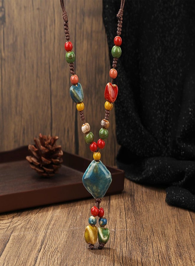 DS Boho Beaded Necklace for Women-Colorful Ceramic & African Tribal Beads, Adjustable Long Chunky Bohemian Jewelry with Gift Box Packaging,Hippie Witchy Vintage Handmade Fashion Statement Necklace (style-5) - Image 2