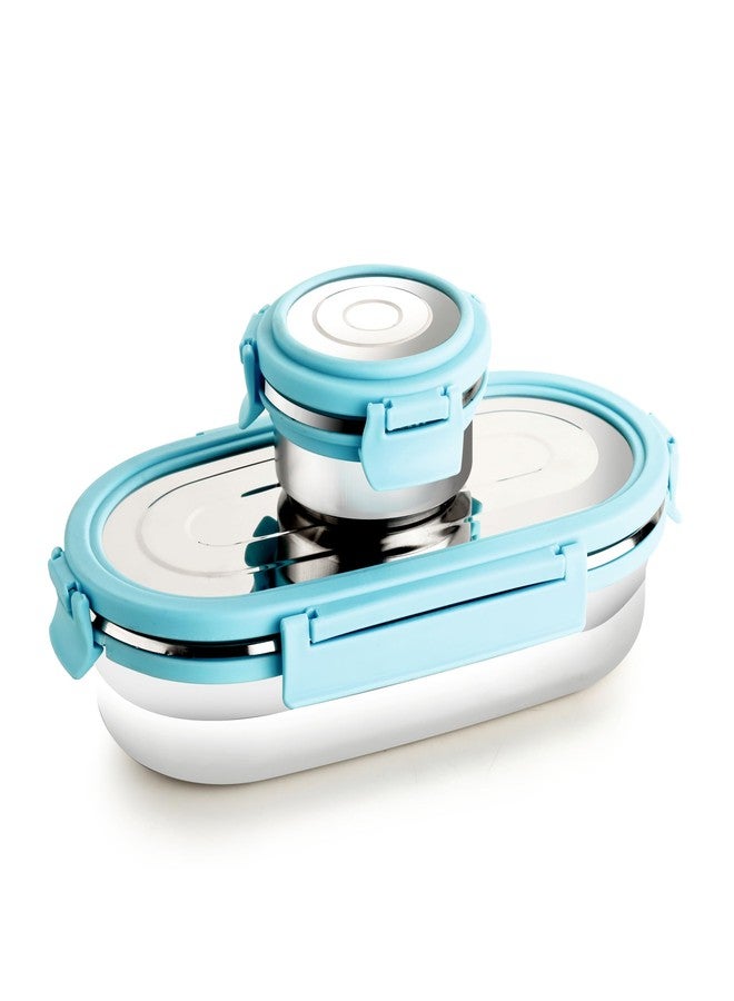 Ganesh Oval Stainless Steel Airtight Leak-Proof Lunch Box for Office, School, Picnic - 750 Ml-Blue - Image 1