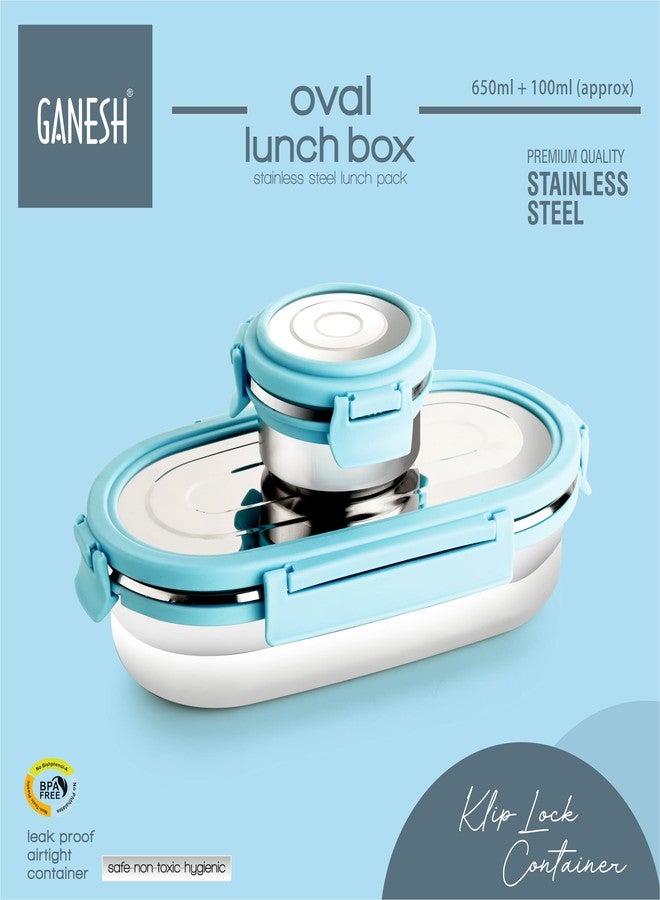 Ganesh Oval Stainless Steel Airtight Leak-Proof Lunch Box for Office, School, Picnic - 750 Ml-Blue - Image 4