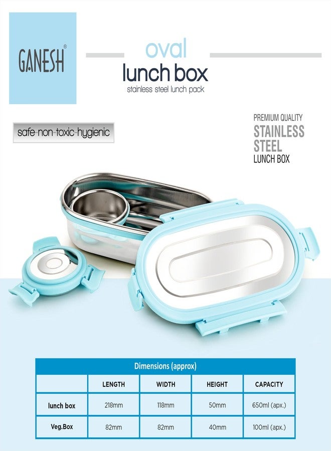 Ganesh Oval Stainless Steel Airtight Leak-Proof Lunch Box for Office, School, Picnic - 750 Ml-Blue - Image 3