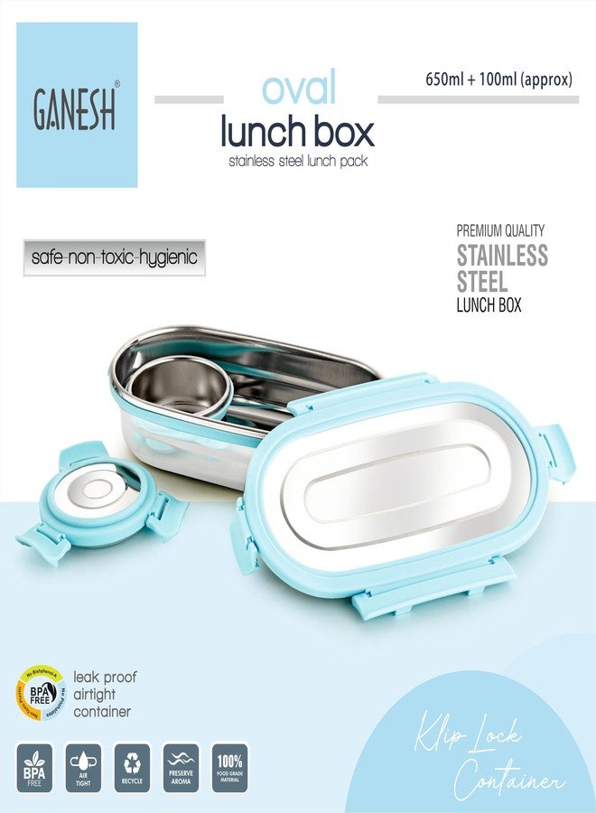 Ganesh Oval Stainless Steel Airtight Leak-Proof Lunch Box for Office, School, Picnic - 750 Ml-Blue - Image 2