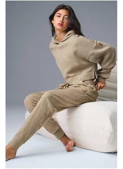 alo Yoga set MUSE Sports set Thread loose casual hoodie sports two-piece set hidden apricot color