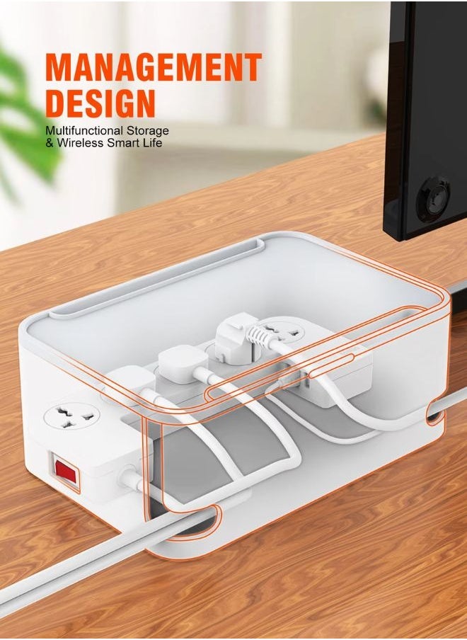 LDNIO سلك تمديد الطاقة 2 في 1 وصندوق إدارة الكابلات، 5 منافذ عالمية، 3 كابل USB بطول 2 متر، صندوق منظم أنيق لحماية الأطفال والحيوانات الأليفة وسطح مكتب أنيق  - Image 1