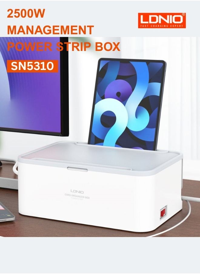 4-in-1 Power Extension Cord and Cable Management Box, 5 Universal Outlets 3 USB 2M Cable Power Strip, Elegant Organizer Box for Child & Pet Protection and Stylish Desktop