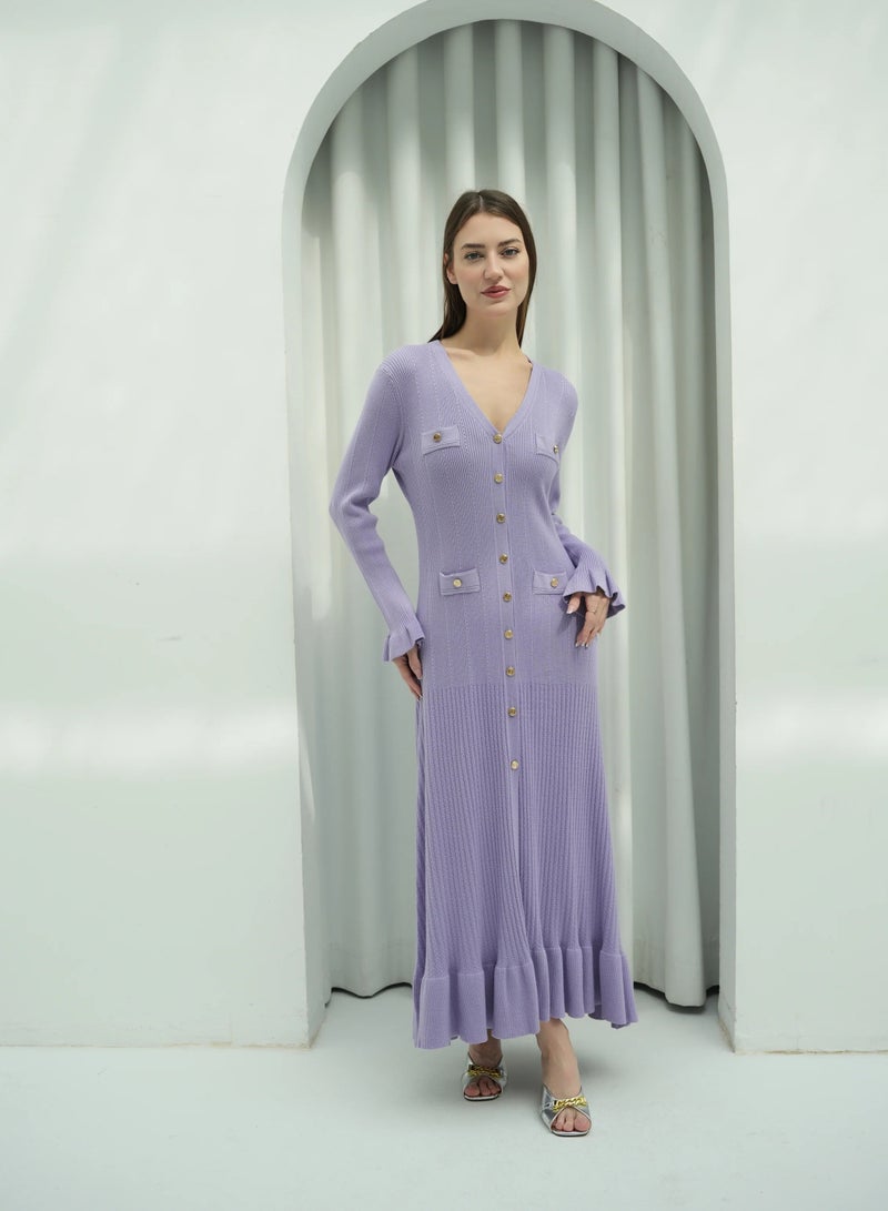Andy 2330 | Elegant Button-Down Ribbed Knit Maxi Dress with Flared Cuffs and Ruffle Hem - Stylish and Comfortable | Purple - Image 1