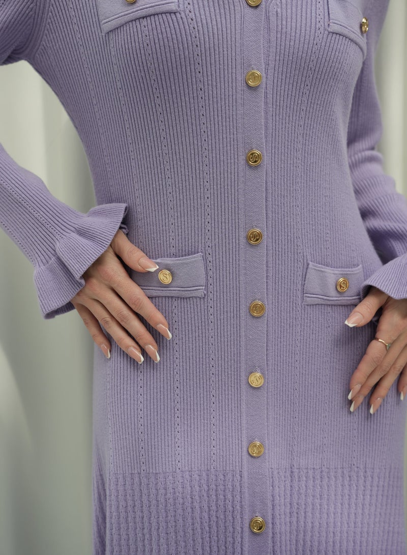 Andy 2330 | Elegant Button-Down Ribbed Knit Maxi Dress with Flared Cuffs and Ruffle Hem - Stylish and Comfortable | Purple - Image 2