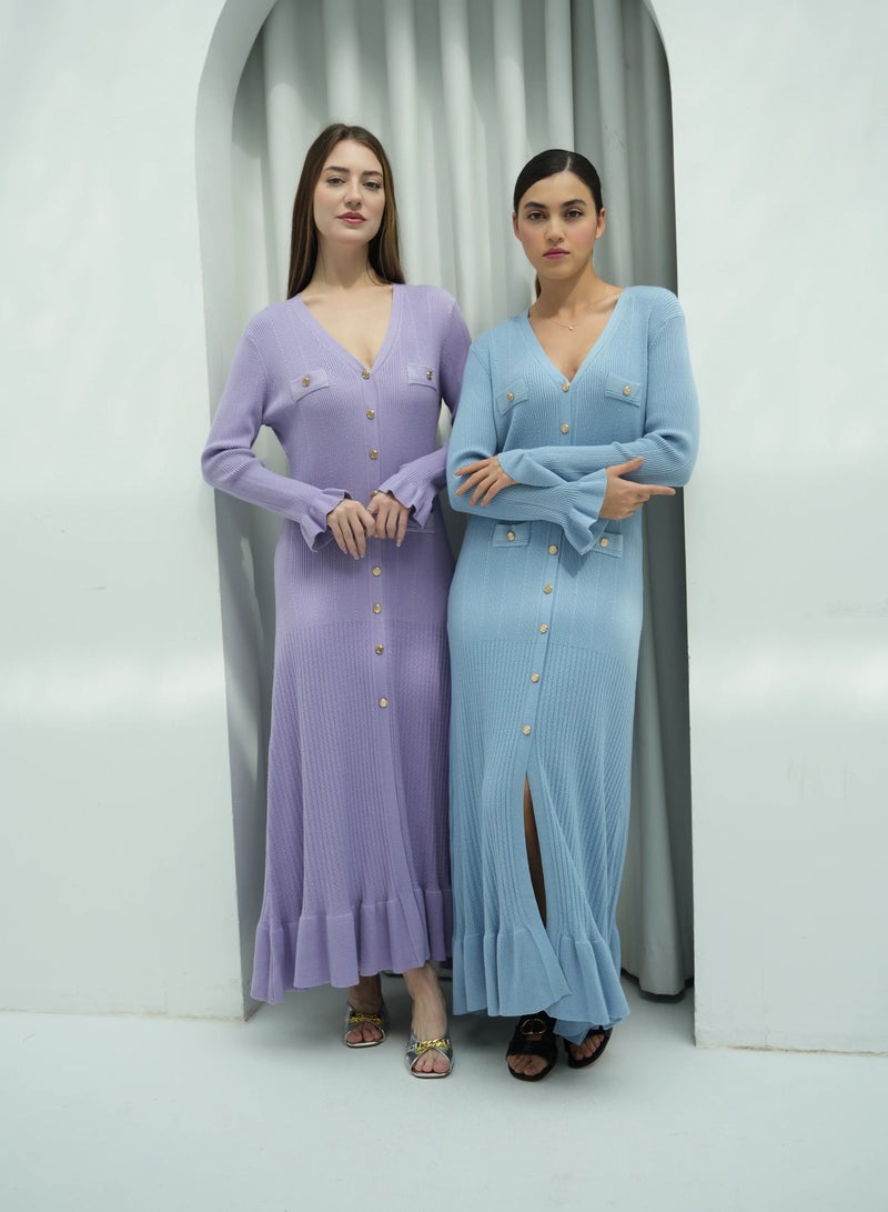 Andy 2330 | Elegant Button-Down Ribbed Knit Maxi Dress with Flared Cuffs and Ruffle Hem - Stylish and Comfortable | Purple - Image 3