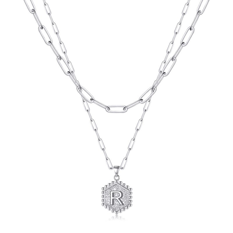 M MOOHAM Silver Layered Initial Necklaces for Women - Necklaces for Women Cute Letter Initial R Necklace Choker Necklace Silver Layered Necklaces for Women Girls - Image 1