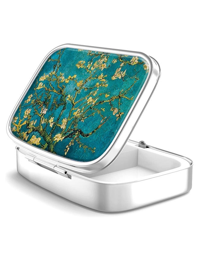 Compartment Medicine Pill Case, Van Gogh Almond Blossom Decorative 2 Compartment Travel Medicine Organizer, Retro Decorative Metal Travel Medicine Kit (Green) - Image 1