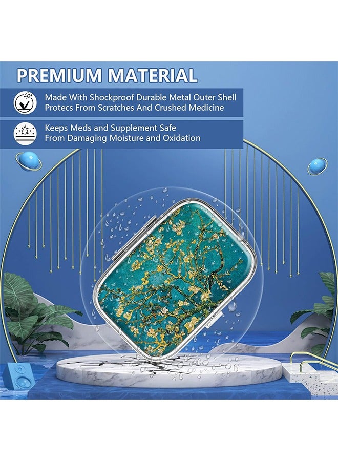 Compartment Medicine Pill Case, Van Gogh Almond Blossom Decorative 2 Compartment Travel Medicine Organizer, Retro Decorative Metal Travel Medicine Kit (Green) - Image 4