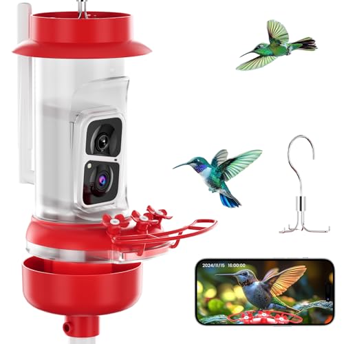 Soliom Hummingbird Feeder with Camera, Smart Bird Feeder Camera with 2K Live View AI Identify Species, Leak Proof & Ant Moat & Bee Proof, Outdoor Pole/Hook Hanging, 16 OZ Ideal Gifts for Family-Red - Image 1