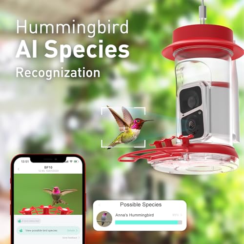 Soliom Hummingbird Feeder with Camera, Smart Bird Feeder Camera with 2K Live View AI Identify Species, Leak Proof & Ant Moat & Bee Proof, Outdoor Pole/Hook Hanging, 16 OZ Ideal Gifts for Family-Red - Image 4