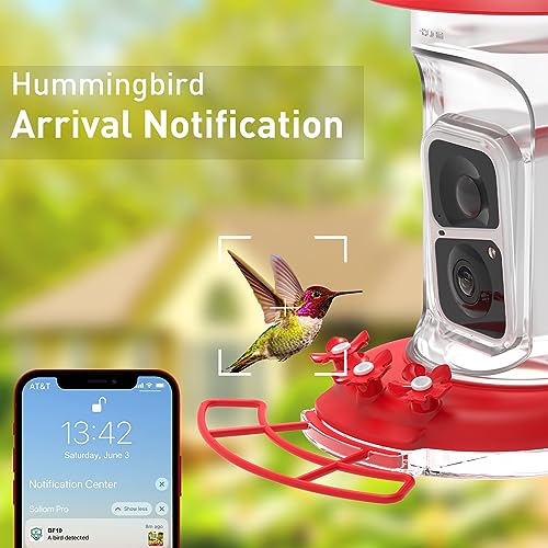 Soliom Hummingbird Feeder with Camera, Smart Bird Feeder Camera with 2K Live View AI Identify Species, Leak Proof & Ant Moat & Bee Proof, Outdoor Pole/Hook Hanging, 16 OZ Ideal Gifts for Family-Red - Image 3