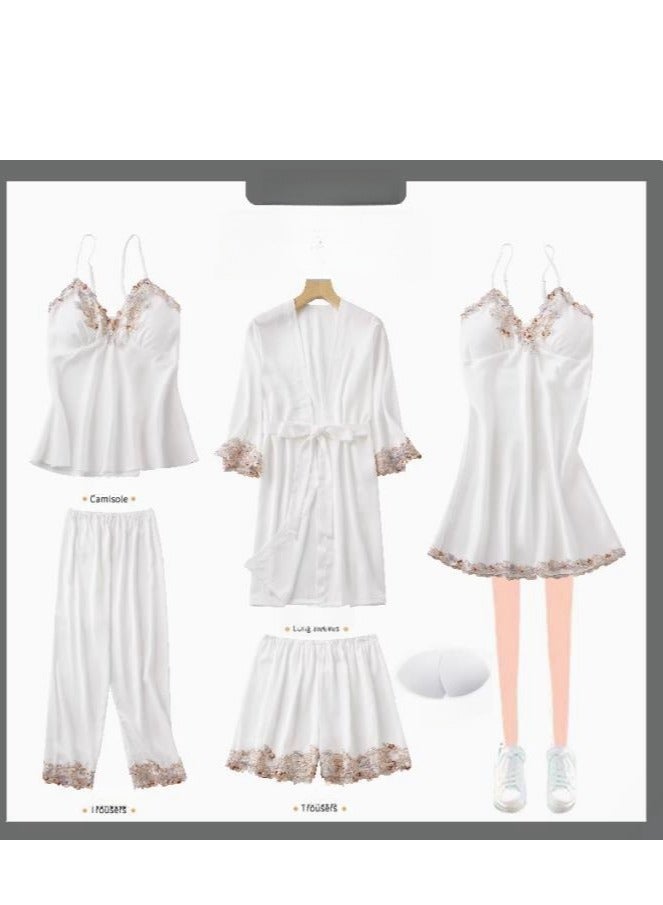 Pajama Women's Ice Silk Five Piece Set With High-End Feel And Chest Cushion Silk Home Suit Set - Image 1