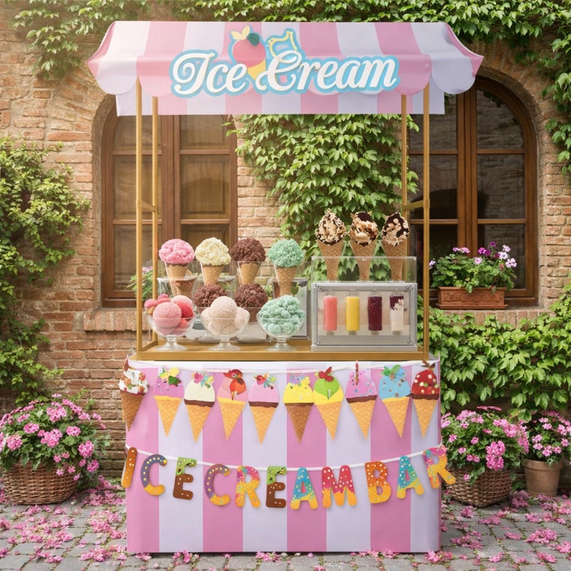 Tioncy 6 Pcs Ice Cream Bar Stand Kits Ice Cream Sundae Bar Supplies Party Decor (Without Table) Include Shelf Banner Roof Pennant Table Skirt for Photo Props Outdoor Party Decor (Desk Is Not Included) - Image 1
