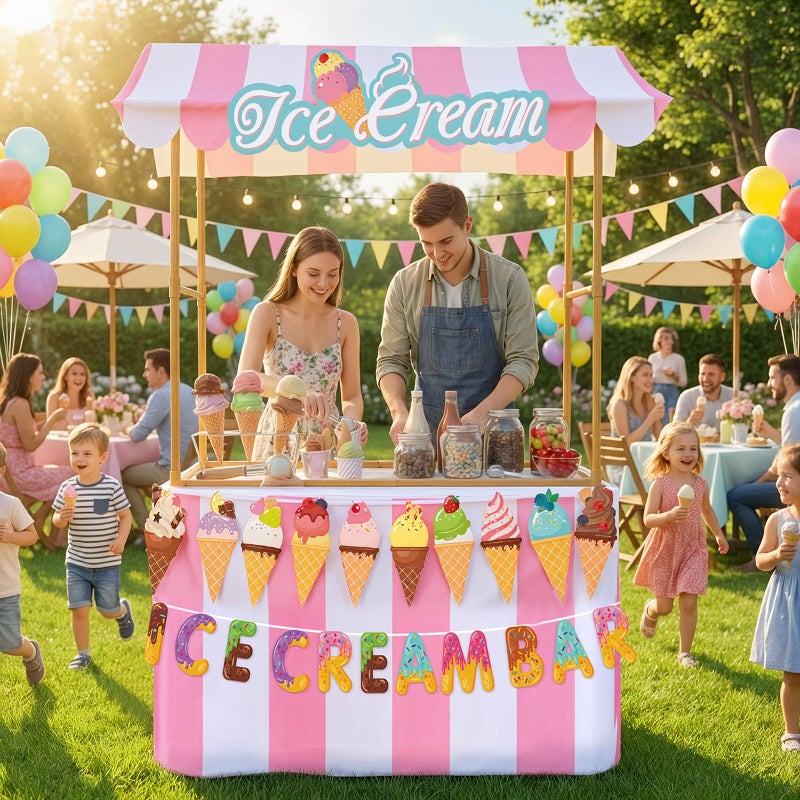 Tioncy 6 Pcs Ice Cream Bar Stand Kits Ice Cream Sundae Bar Supplies Party Decor (Without Table) Include Shelf Banner Roof Pennant Table Skirt for Photo Props Outdoor Party Decor (Desk Is Not Included) - Image 5