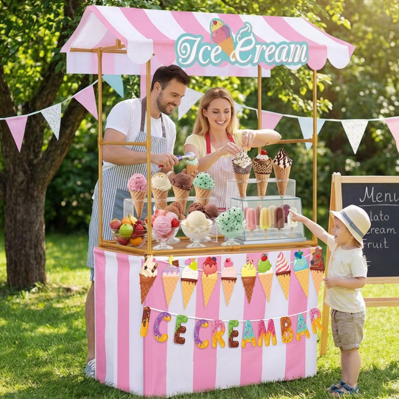 Tioncy 6 Pcs Ice Cream Bar Stand Kits Ice Cream Sundae Bar Supplies Party Decor (Without Table) Include Shelf Banner Roof Pennant Table Skirt for Photo Props Outdoor Party Decor (Desk Is Not Included) - Image 4
