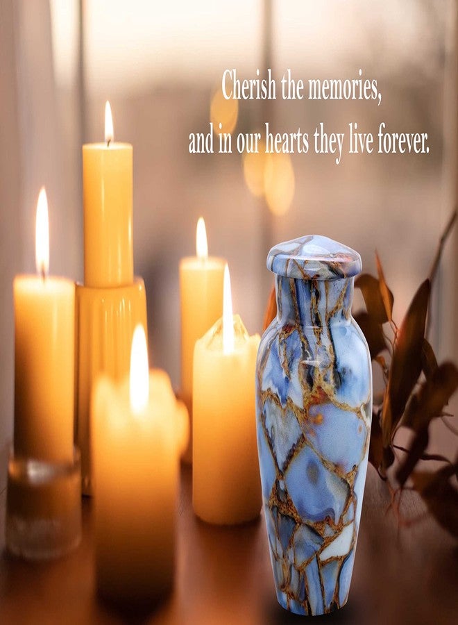 SILENT GOODBYES جرار صغيرة تذكارية لحفظ رماد الموتى - جرة تذكارية معدنية بلمسة نهائية رخامية - جرة صغيرة لحفظ رماد الحيوانات الأليفة - جرة تذكارية مصنوعة يدوياً - جرار جنائزية مع حقيبة مخملية (أزرق فاخر) - Image 2