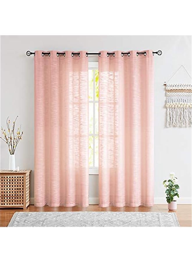 Linen Semi Sheer Curtains for Bedroom, Blush Pink Curtains 96 Inches Long for Living Room, Country Farmhouse Sheer Drapes, Light Filtering Window Curtains, Grommet Top 2 Panels  - Image 1