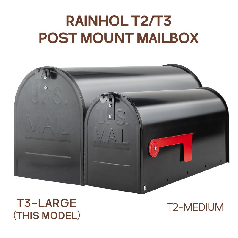 RAINHOL Large Mailboxes for Outside, RAINHOL Black Metal Mailbox, Galvanized Steel Post Mount Mail Box, T3 Large Capacity, 23 x 10.7 x 8.9 Inches - Image 2