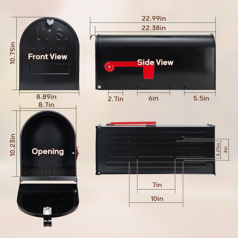 RAINHOL Large Mailboxes for Outside, RAINHOL Black Metal Mailbox, Galvanized Steel Post Mount Mail Box, T3 Large Capacity, 23 x 10.7 x 8.9 Inches - Image 4