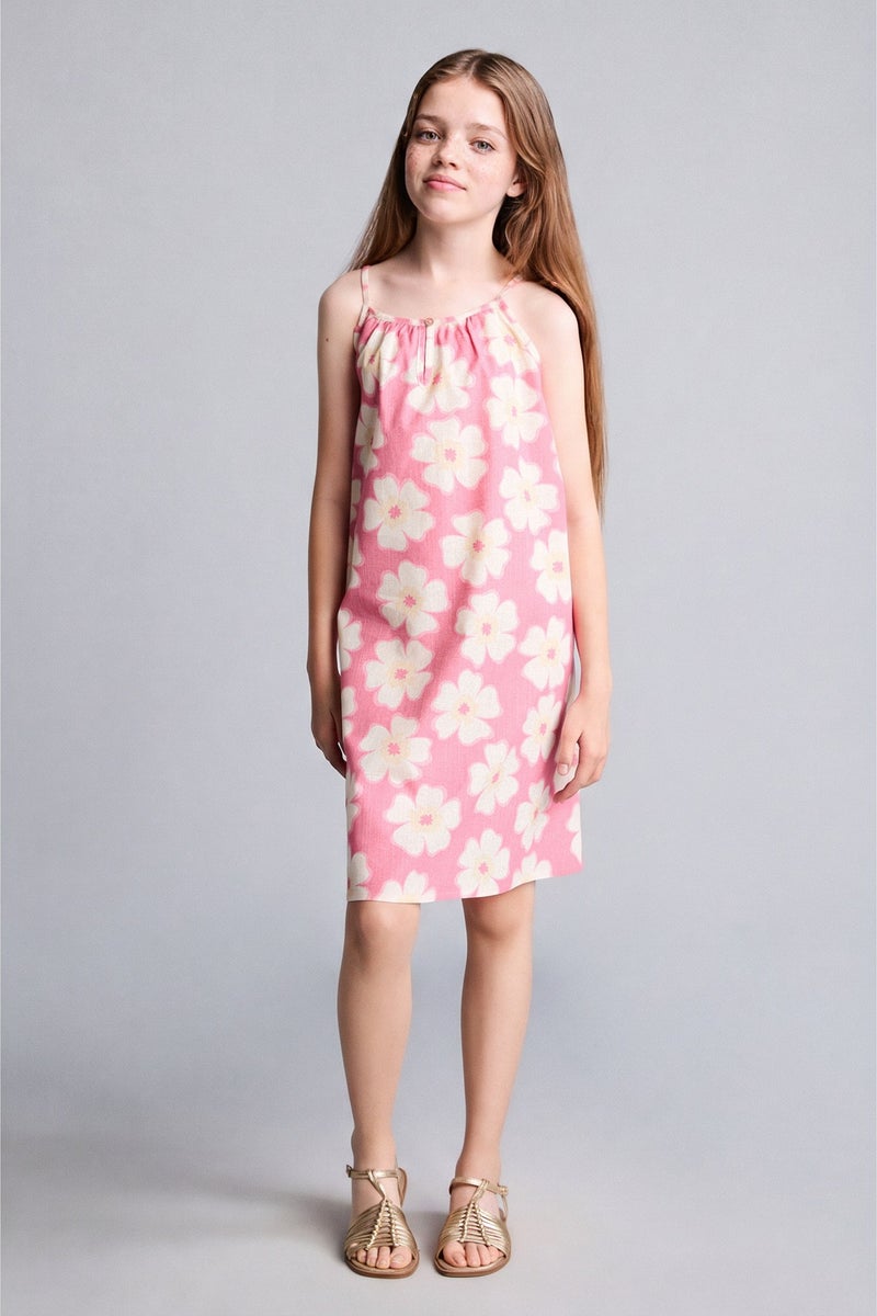 DeFacto Pink Girl Girl 100% Cotton Floral Viscose Strappy Dress Casual - Image 2