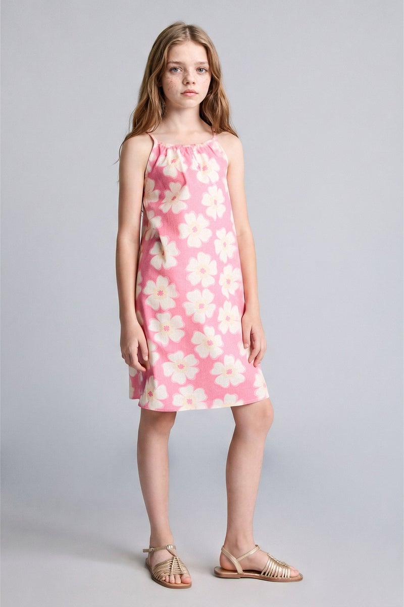 DeFacto Pink Girl Girl 100% Cotton Floral Viscose Strappy Dress Casual - Image 1