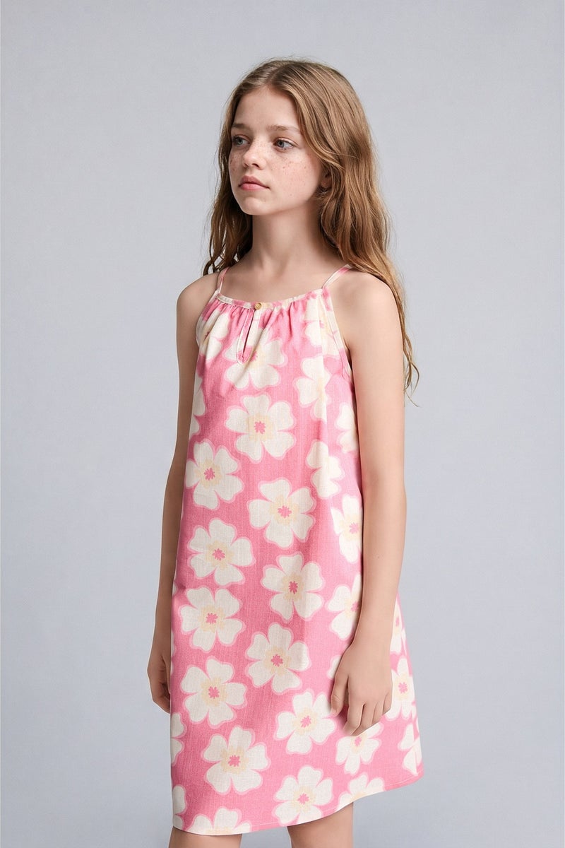 DeFacto Pink Girl Girl 100% Cotton Floral Viscose Strappy Dress Casual - Image 3