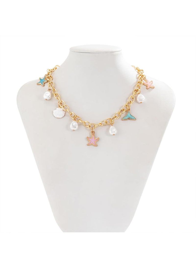 KHAJUL Gold Charm Necklace for Women White Pearl Necklace Chunky Charm Necklace Jewelry for Summer Beach Party Jewelry - Image 4