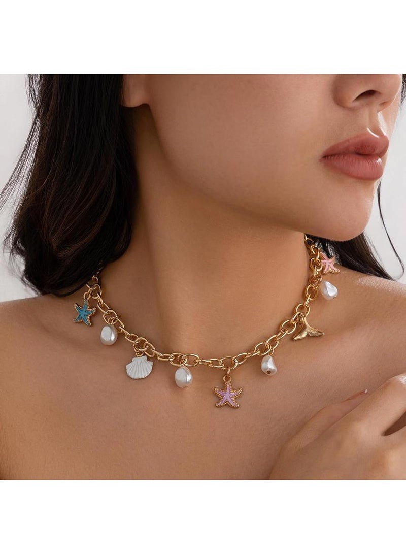 KHAJUL Gold Charm Necklace for Women White Pearl Necklace Chunky Charm Necklace Jewelry for Summer Beach Party Jewelry - Image 3