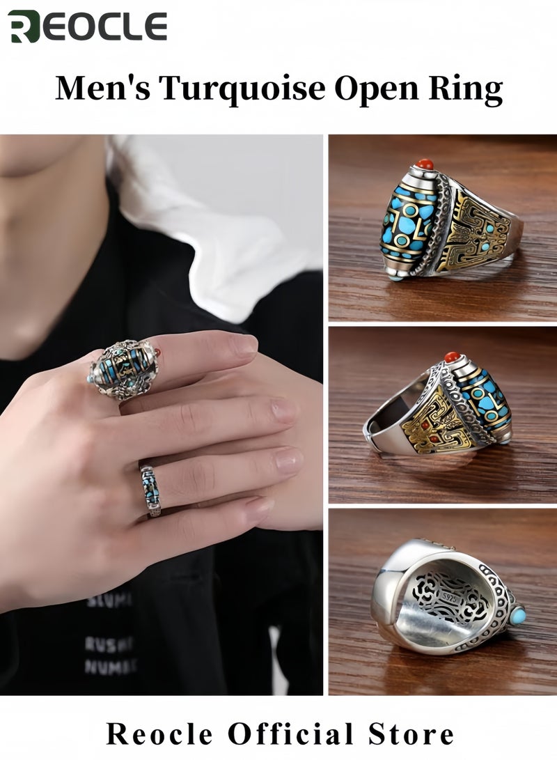 REOCLE Men's Jewelry Ring Geometric Engraving Turquoise Open Ring Vintage Style Adjustable Opening Rotatable Turquoise - Image 2