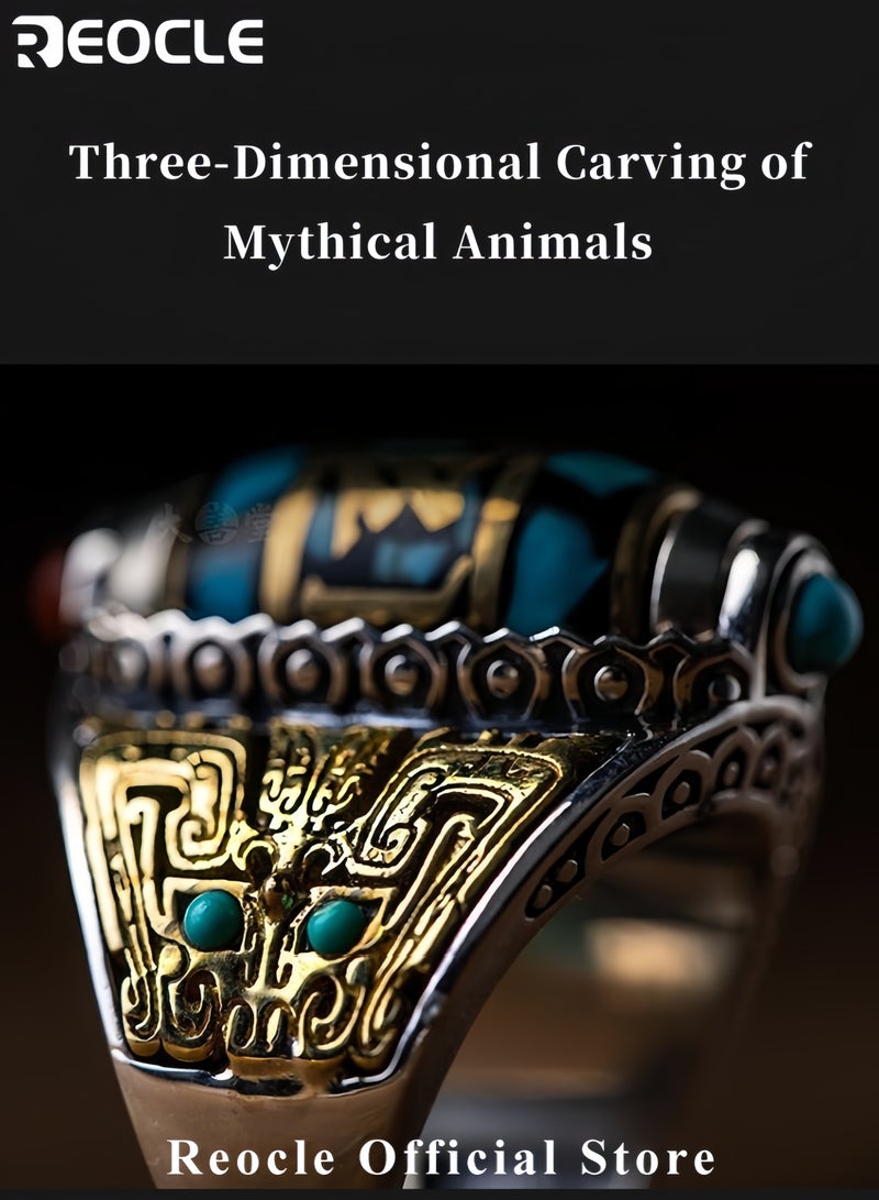 REOCLE Men's Jewelry Ring Geometric Engraving Turquoise Open Ring Vintage Style Adjustable Opening Rotatable Turquoise - Image 3