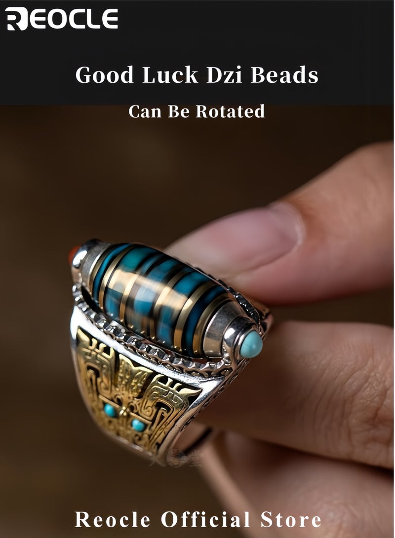REOCLE Men's Jewelry Ring Geometric Engraving Turquoise Open Ring Vintage Style Adjustable Opening Rotatable Turquoise - Image 4