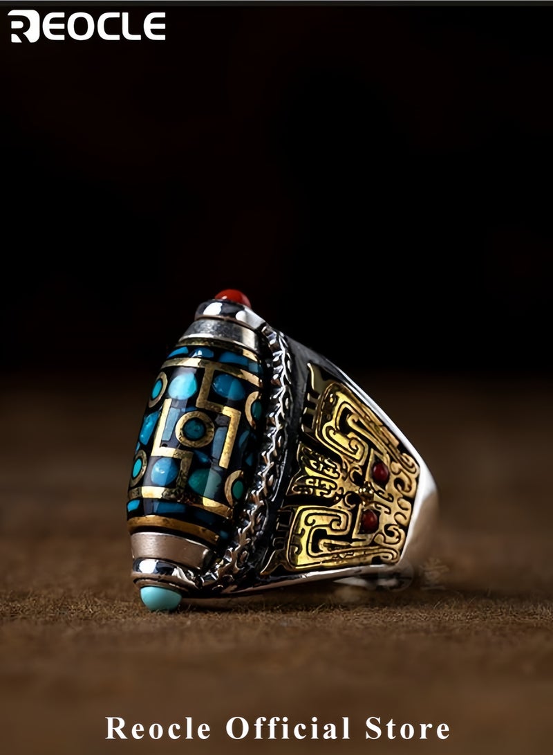 REOCLE Men's Jewelry Ring Geometric Engraving Turquoise Open Ring Vintage Style Adjustable Opening Rotatable Turquoise - Image 5