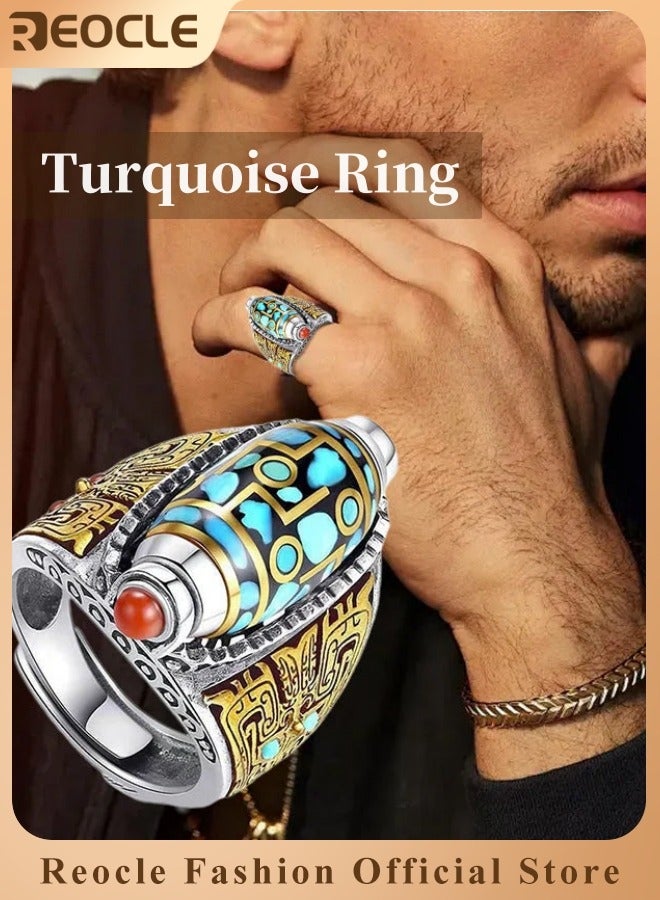REOCLE Men's Jewelry Ring Geometric Engraving Turquoise Open Ring Vintage Style Adjustable Opening Rotatable Turquoise - Image 1