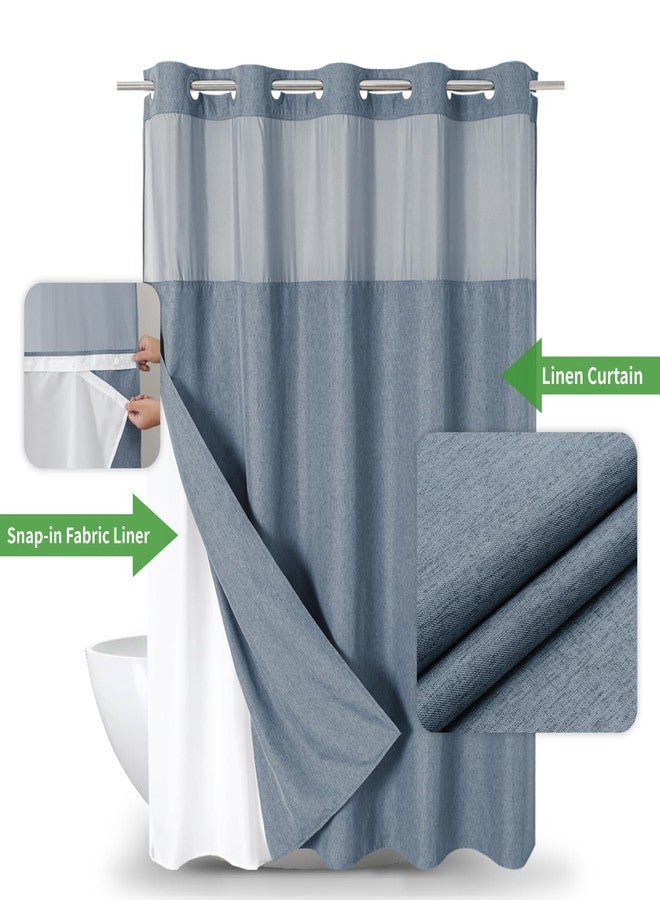 eachope No Hooks Needed Linen Textured Shower Curtain with Snap-in Fabric Liner Set,Blue Grey Hotel Luxury Decor Shower Curtains for Bathroom with Mesh Top Window,Waterproof & Washable,71Wx74H - Image 2