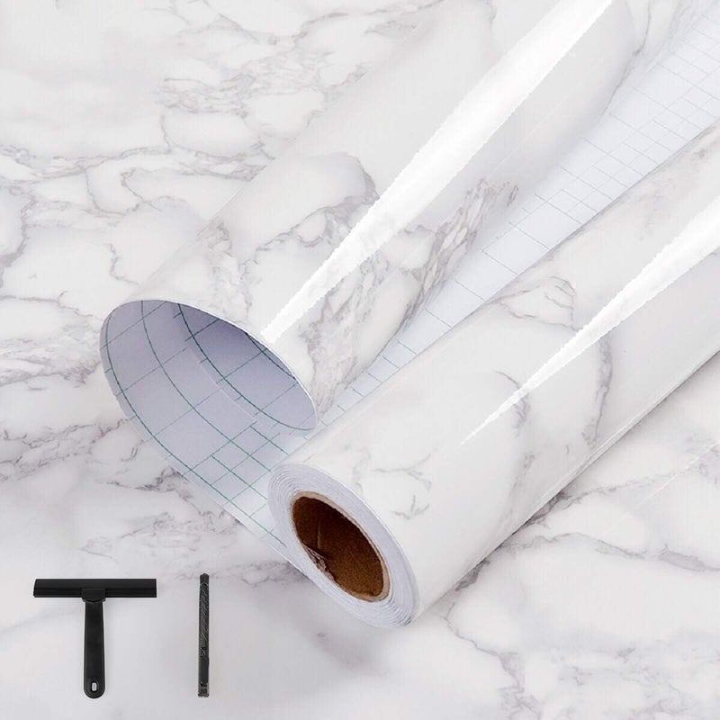 practicalWs White/Grey Marble Contact Paper 23.6" x 118", Marble Wallpaper Peel and Stick with Tools, Self Adhesive Vinyl Film Contact Paper for Countertops - Image 1