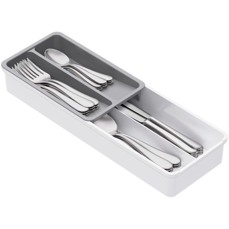 Lifewit Compact Silverware Organizer for Kitchen Drawer Narrow Flatware Tray Holder Plastic Cutlery Spoons Forks and Knives Storage WhiteGray 1 Pack - Image 2