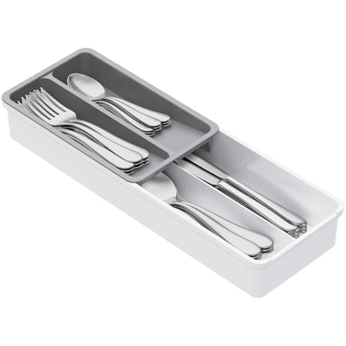 Lifewit Compact Silverware Organizer for Kitchen Drawer Narrow Flatware Tray Holder Plastic Cutlery Spoons Forks and Knives Storage WhiteGray 1 Pack - Image 1