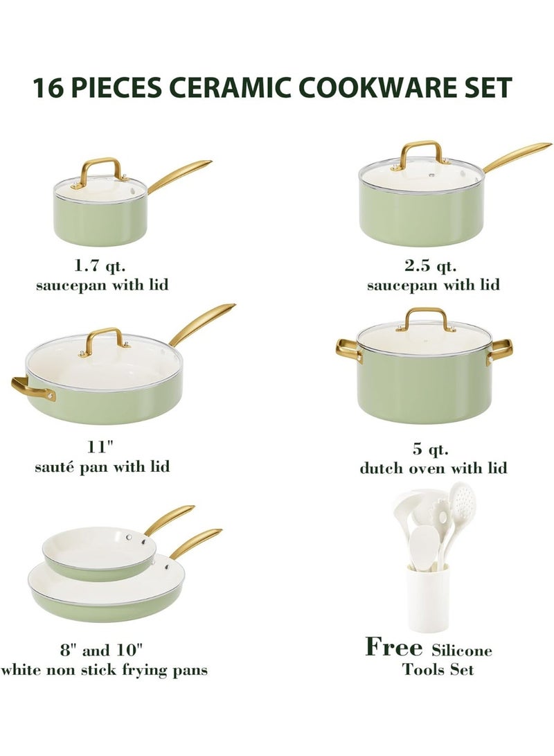 طقم ١٦ قطعة حلة ومقلاة غير لاصق - طقم أواني سيراميك مع أدوات طبخ، أواني مطبخ غير سامة، حلة هولندية بغطاء، طقم قدر للطهي، مقلاة تقليب، طقم مقلاة للقلي كهدية للطبخ - Image 2