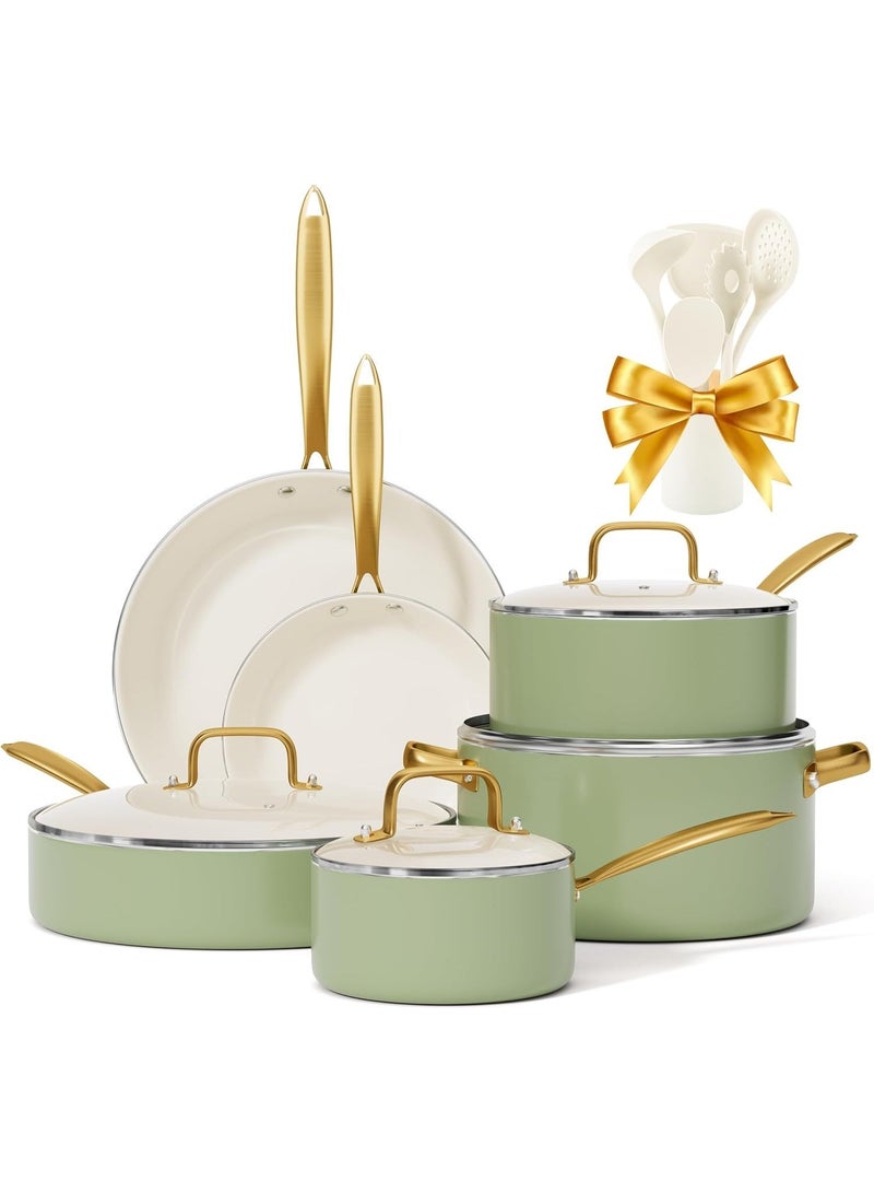 طقم ١٦ قطعة حلة ومقلاة غير لاصق - طقم أواني سيراميك مع أدوات طبخ، أواني مطبخ غير سامة، حلة هولندية بغطاء، طقم قدر للطهي، مقلاة تقليب، طقم مقلاة للقلي كهدية للطبخ - Image 1