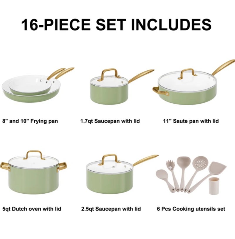 طقم ١٦ قطعة حلة ومقلاة غير لاصق - طقم أواني سيراميك مع أدوات طبخ، أواني مطبخ غير سامة، حلة هولندية بغطاء، طقم قدر للطهي، مقلاة تقليب، طقم مقلاة للقلي كهدية للطبخ - Image 2