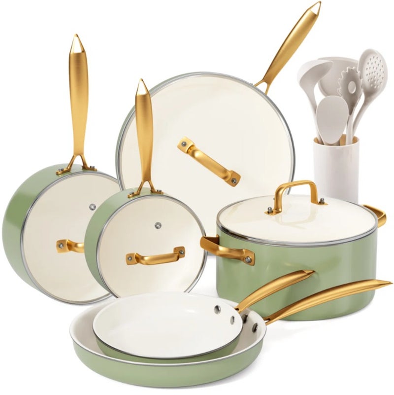 طقم ١٦ قطعة حلة ومقلاة غير لاصق - طقم أواني سيراميك مع أدوات طبخ، أواني مطبخ غير سامة، حلة هولندية بغطاء، طقم قدر للطهي، مقلاة تقليب، طقم مقلاة للقلي كهدية للطبخ - Image 1