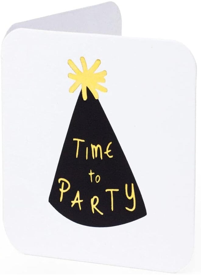 Ym Sketch YM Sketch Greeting Card Blank - Happy Birthday Time to Party | Round Edge Square 6.5 x6.5 cm| Luxury Gold Foil Emboss on White 